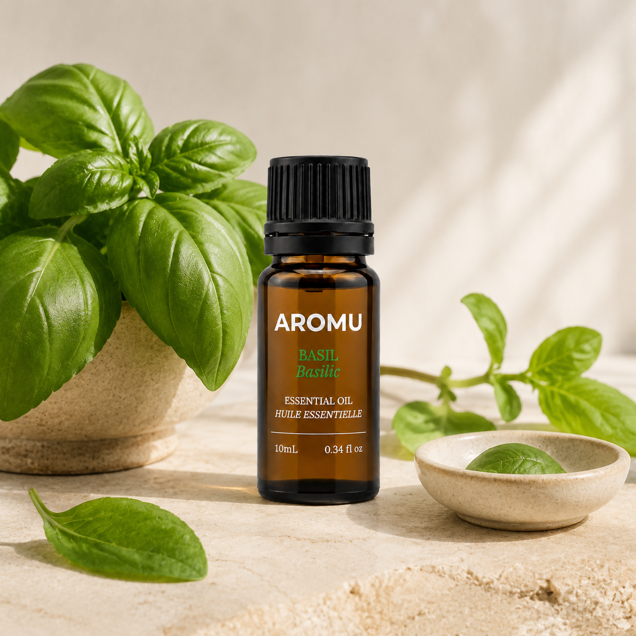 Basil essential oil with fresh basil leaves