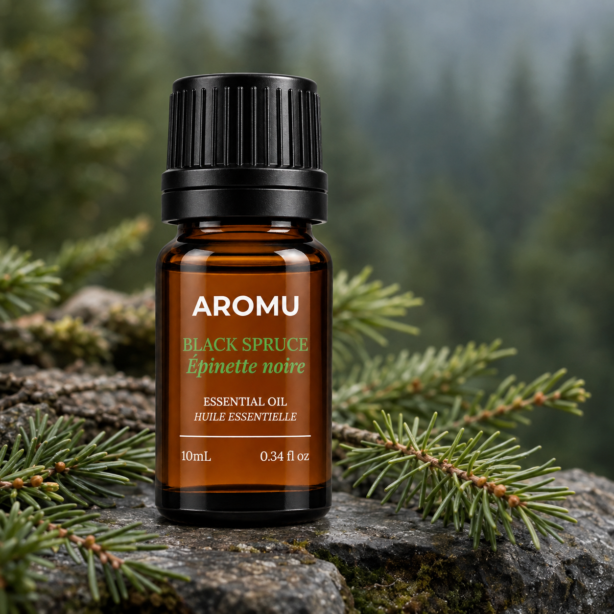 Black Spruce essential oil bottle surrounded by fresh spruce branches in a northern forest setting