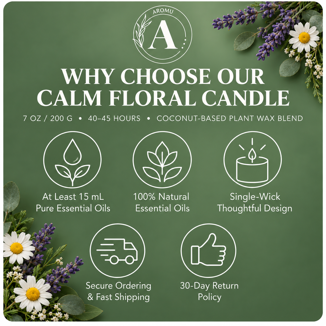 Calm Floral Essential Oil Candle why choose AROMU product benefits