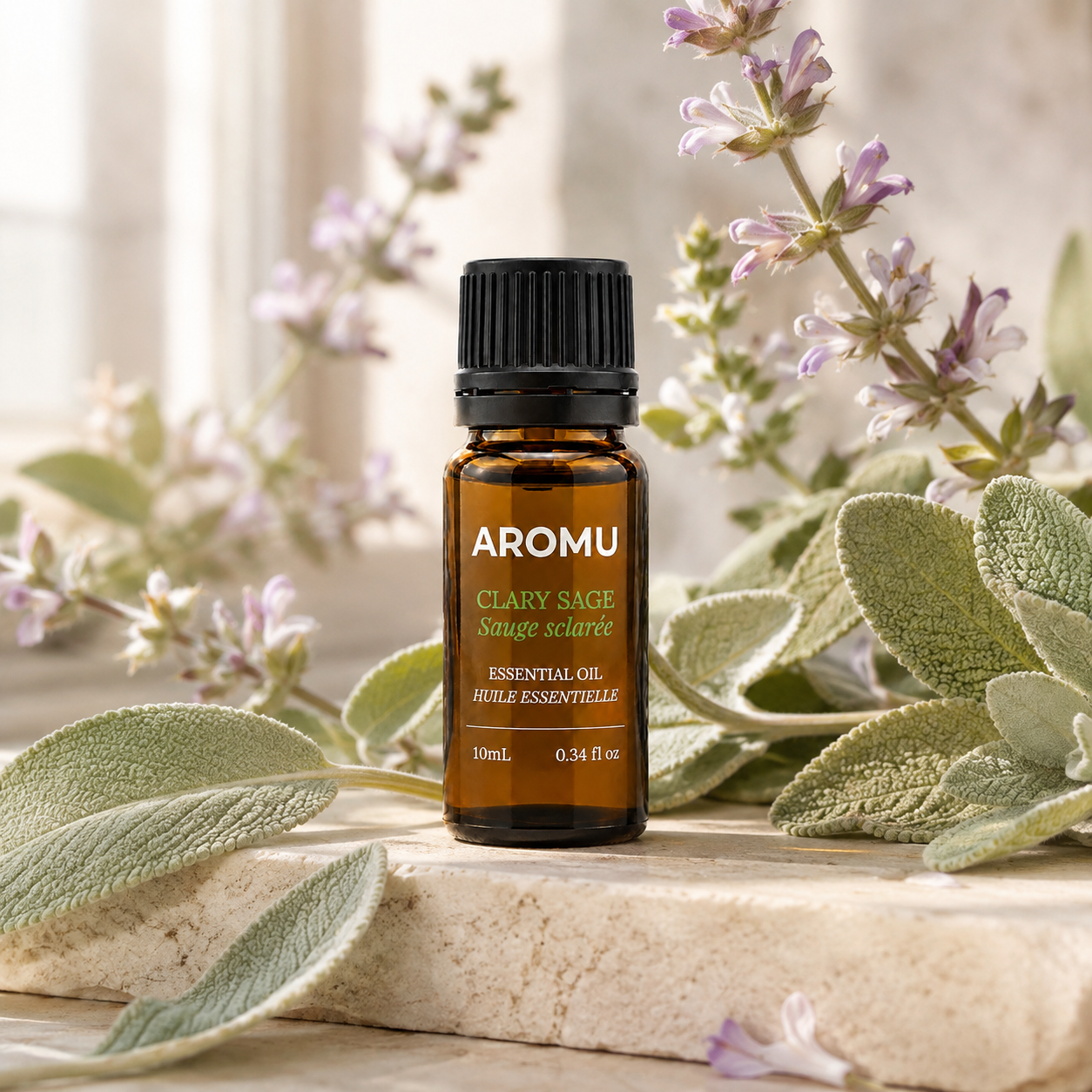AROMU Clary Sage Essential Oil with clary sage flowers and leaves