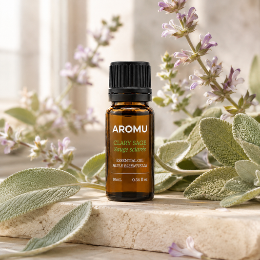 AROMU Clary Sage Essential Oil with clary sage flowers and leaves