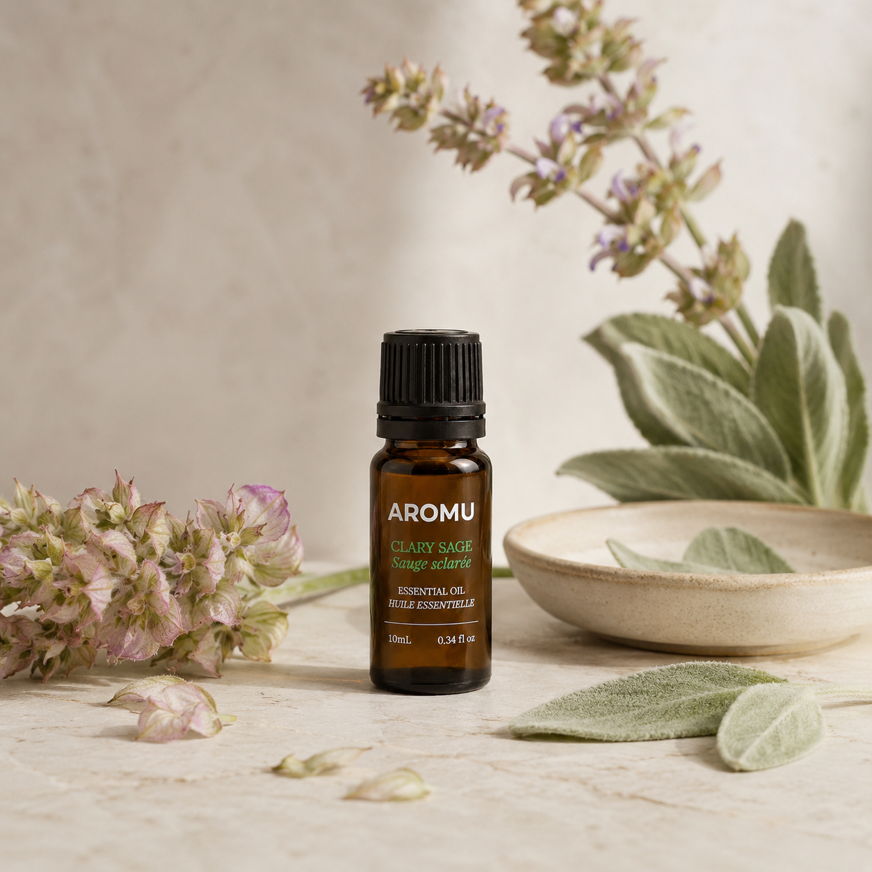 AROMU Clary Sage Essential Oil botanical still life