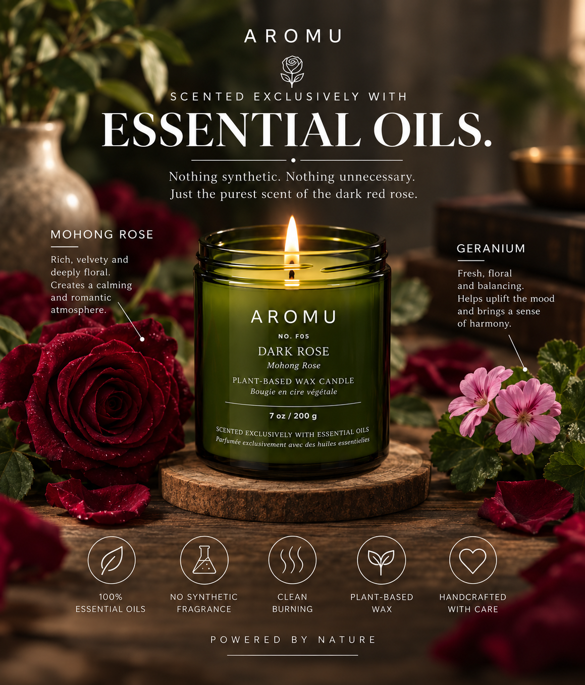 Dark Rose Essential Oil Candle with Mohong Rose and Geranium