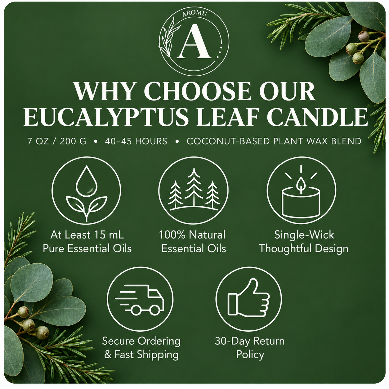 Eucalyptus Leaf Essential Oil Candle why choose AROMU product benefits