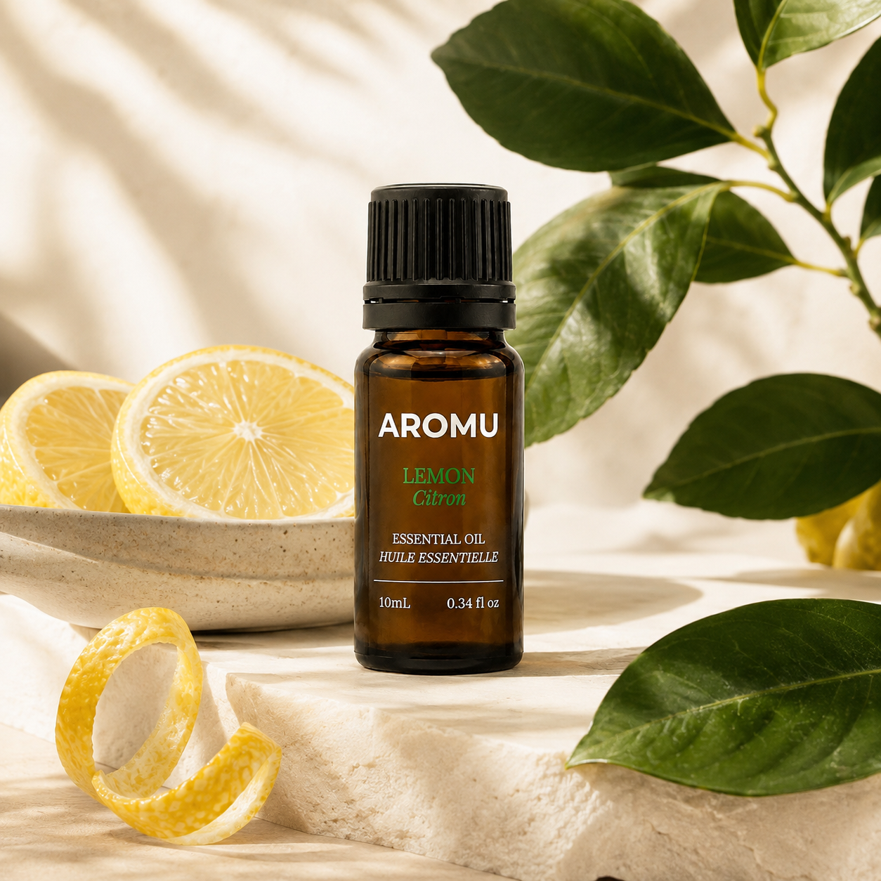 AROMU Lemon Essential Oil botanical citrus still life