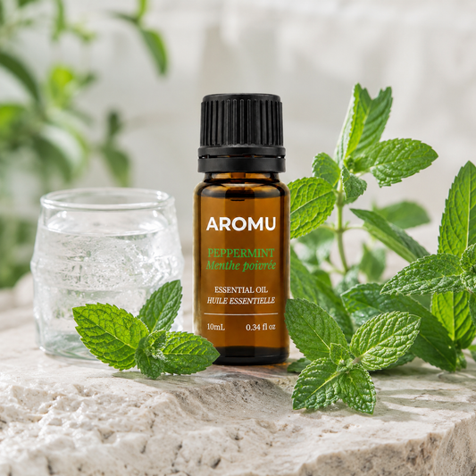 AROMU Peppermint Essential Oil with fresh peppermint leaves