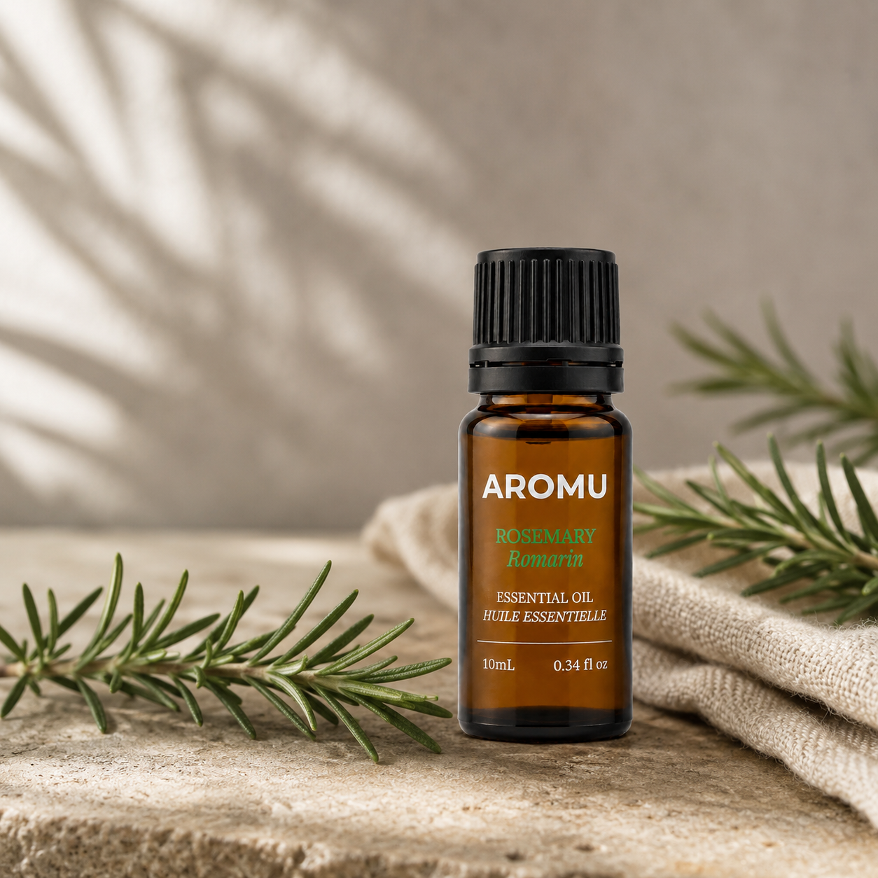 AROMU Rosemary Essential Oil with fresh rosemary and natural linen
