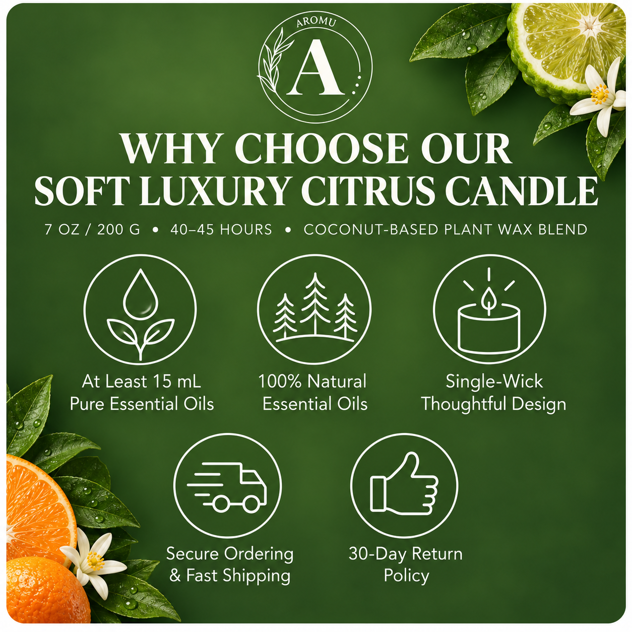 Soft Luxury Citrus Essential Oil Candle why choose AROMU product benefits
