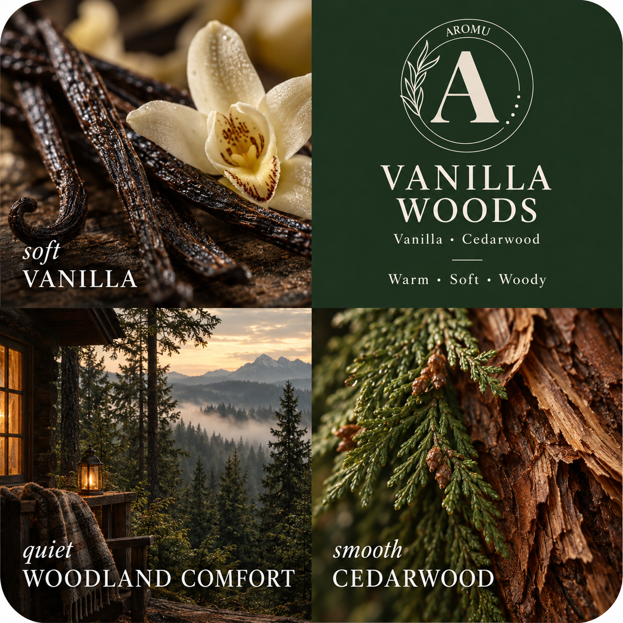 Vanilla Woods Essential Oil Candle scent profile with key essential oils
