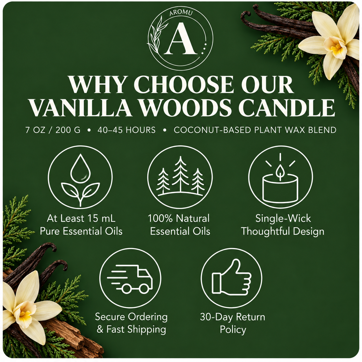 Vanilla Woods Essential Oil Candle why choose AROMU product benefits