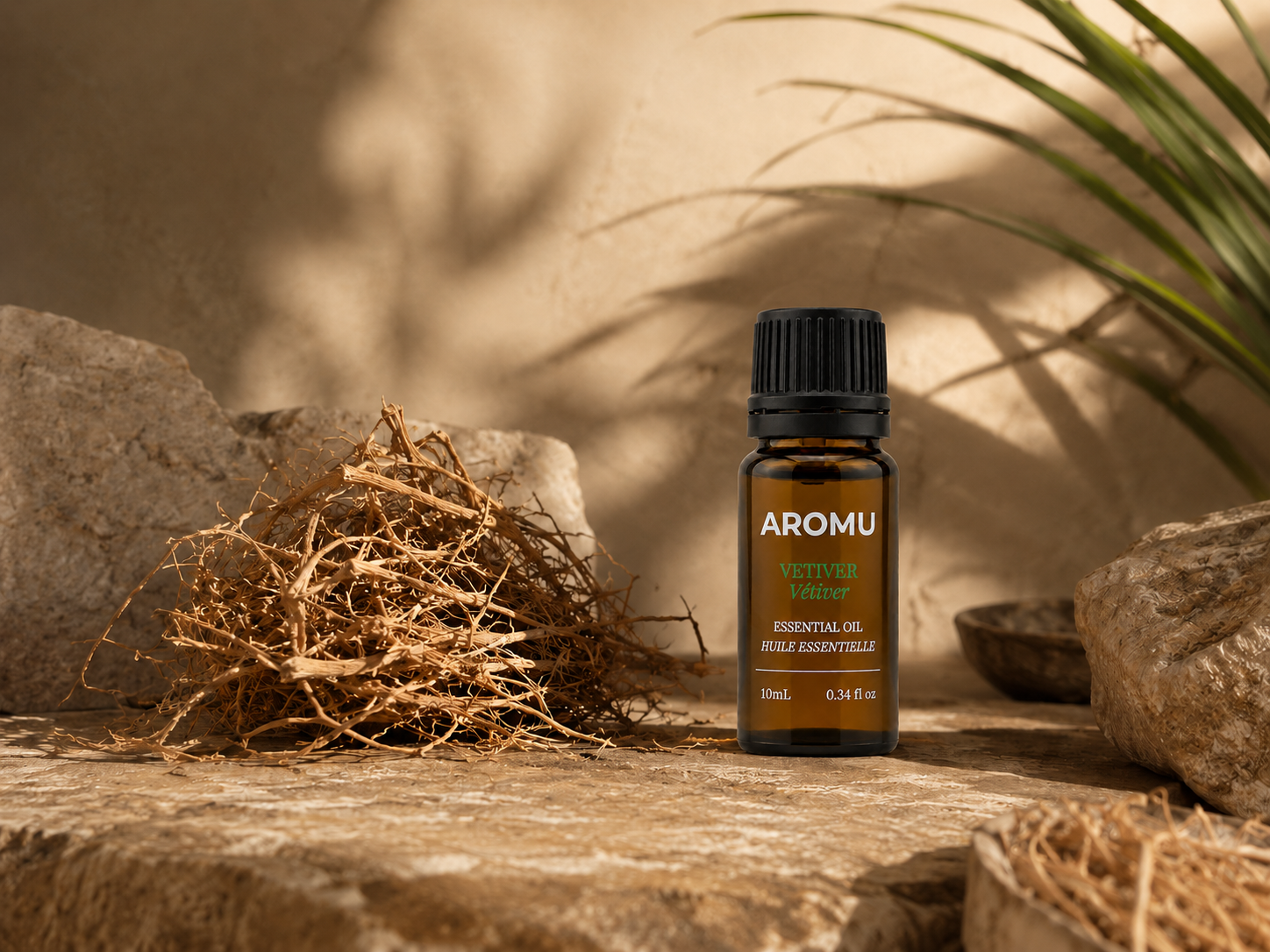 Vetiver essential oil with dried vetiver roots