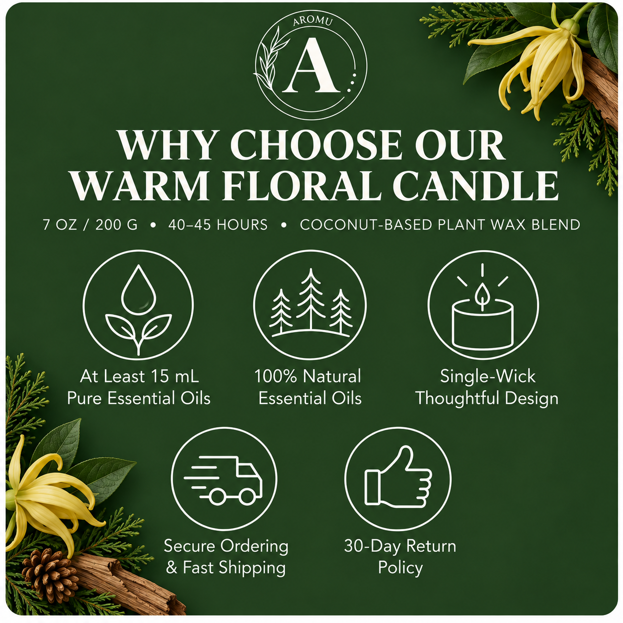 Warm Floral | Ylang Ylang & Cedarwood Essential Oil Candle why choose AROMU product benefits